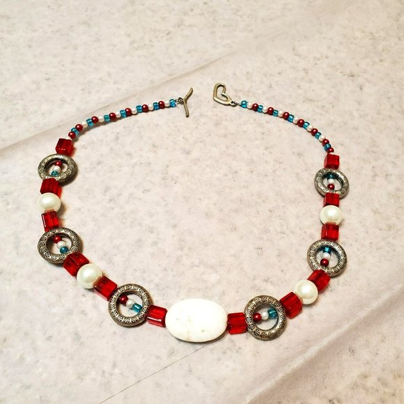 Chunky Beaded Necklace, White, Red, Silver, Statement Necklace - Picture 1 of 4